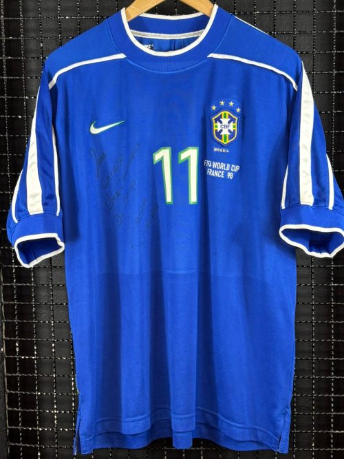 Camisa Brasil Nike 1998 Copa do Mundo Emerson azul autografada