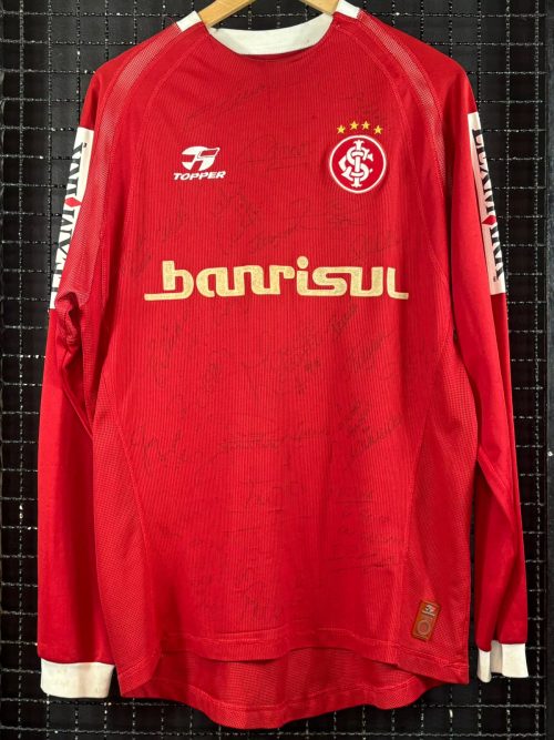 Camisa Internacional Topper 2004 Copa Sul-Americana Sangaletti mangas longas autografada elenco
