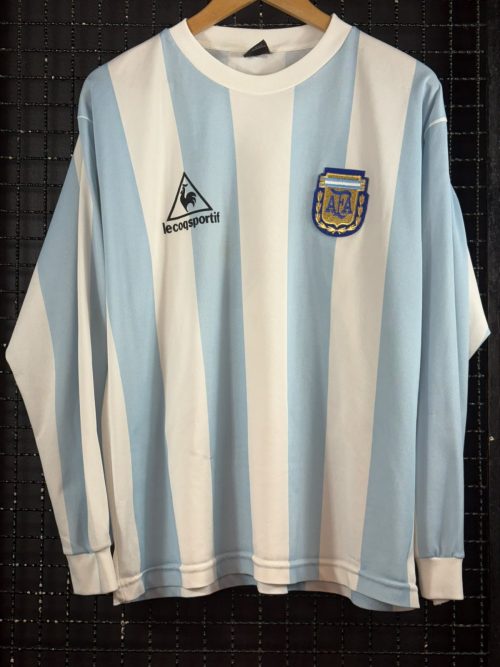 Camisa Argentina Le Coq Sportif 1986 Diego Maradona mangas longas retro