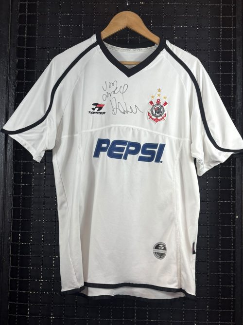 Camisa Corinthians Topper 2001 Pepsi autografada Kleber branca